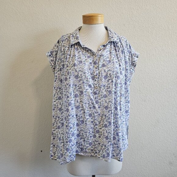 Lucky Brand Ditsy Floral Drapey Cotton Tunic Boxy Relaxed Coastal Cottage Core L - Picture 2 of 12